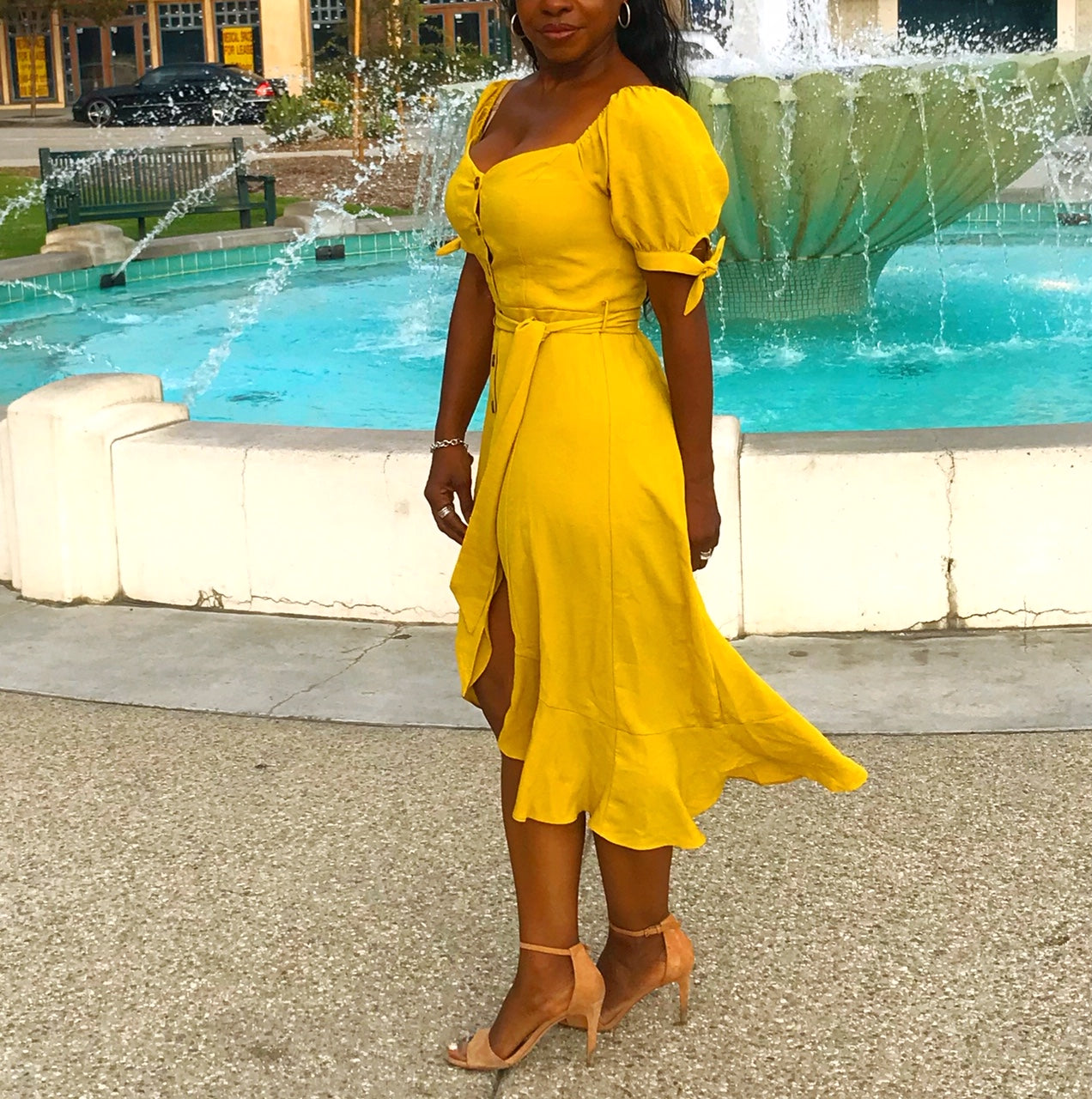 yellow midi dress with buttons Yellow Short Sleeve Button Down Midi Dress Cremadress